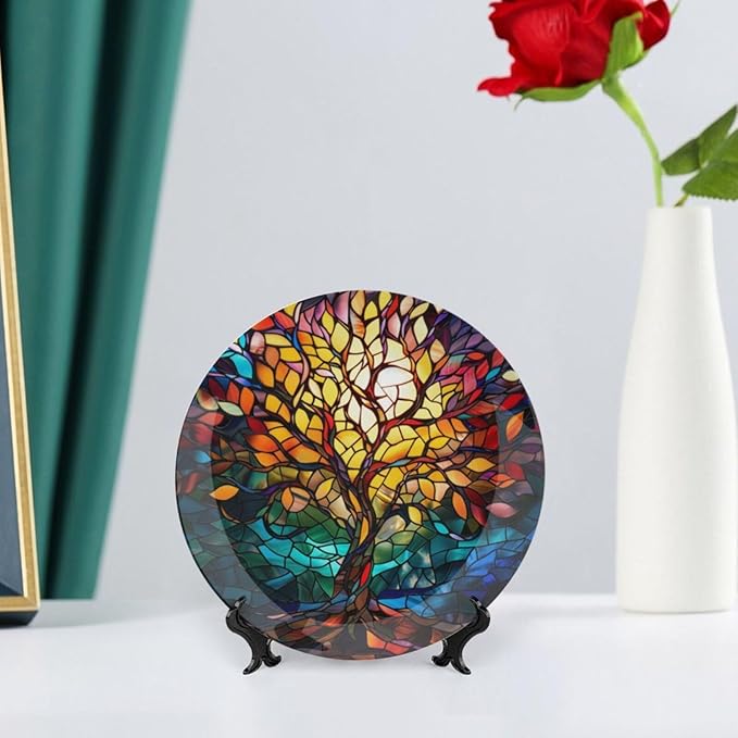 Stained Glass Theme Decorative Ceramic Plate Round Porcelain Plate,10 inch,Tree of Life Pattern,for Decorative Ornaments Giving Plates, 1 Plate with 1 Display Stand,Multicolor