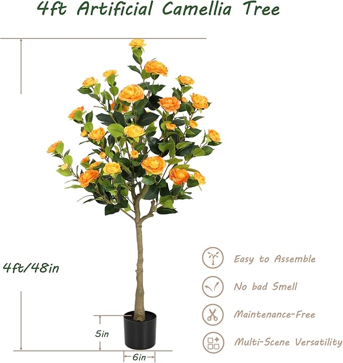 Bellacat 4ft Artificial Camellia Tree with Silk Orange Flowers, 48in Faux Camellia Plant with Lifelike Trunk, Fake Flower Tree Potted Front Door Plants for Porch Patio Deck Living Room Decor, 2Pack