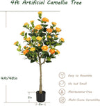 Bellacat 4ft Artificial Camellia Tree with Silk Orange Flowers, 48in Faux Camellia Plant with Lifelike Trunk, Fake Flower Tree Potted Front Door Plants for Porch Patio Deck Living Room Decor, 2Pack