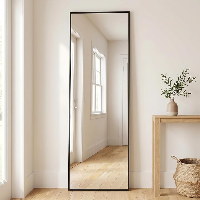BEAUTYPEAK Full Length Mirror, 58"x14" Standing Hanging or Leaning Against Wall Floor Mirrors Body Dressing Wall-Mounted for Living Room, Bedroom with Aluminum Alloy Thin Frame, Black