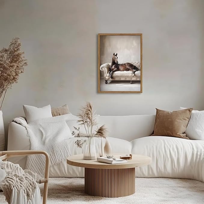Framed Funny Horse Canvas Wall Art, Vintage Western Brown Horse On Sofa Pictures Wall Decor, Rustic Farmhouse Animal Paintings Prints for Living Room Bedroom Office Dorm 12x16 inch