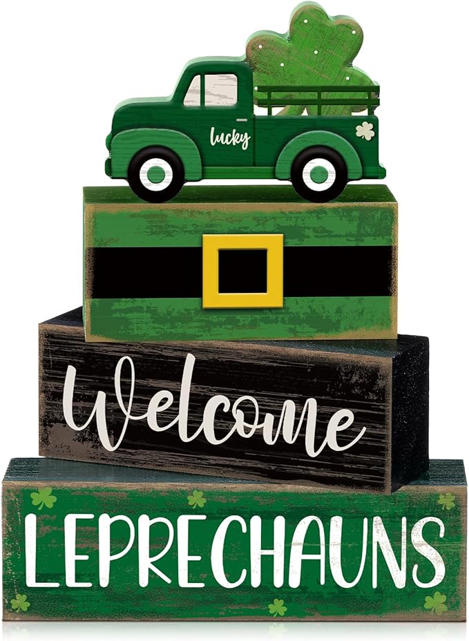 Lineshading 4 Pcs St Patricks Day Table Decor Leprechaun Wooden Stacked Blocks with Lucky Green Truck St. Patrick's Day Tiered Tray Decor Welcome Leprechauns Irish Centerpieces for Home Kitchen