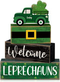 Lineshading 4 Pcs St Patricks Day Table Decor Leprechaun Wooden Stacked Blocks with Lucky Green Truck St. Patrick's Day Tiered Tray Decor Welcome Leprechauns Irish Centerpieces for Home Kitchen