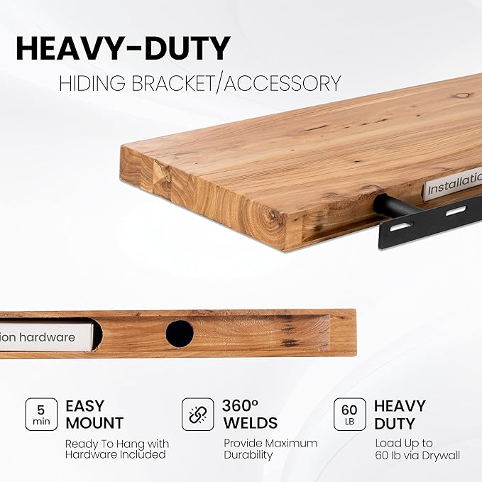 Fun Memories Floating Shelves for Wall Set of 2, Rustic Solid Elm Wood Wall Shelves 32 Inch - Invisible Bracket Mount for Living Room, Bathroom, Bedroom, Kitchen, Natural