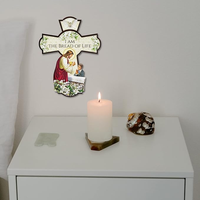 Needzo First Communion Wall Cross, I am the Bread of Life Hanging Decoration for Bedroom, Eucharist Keepsake and Catholic Gifts for Boys, 6 Inches