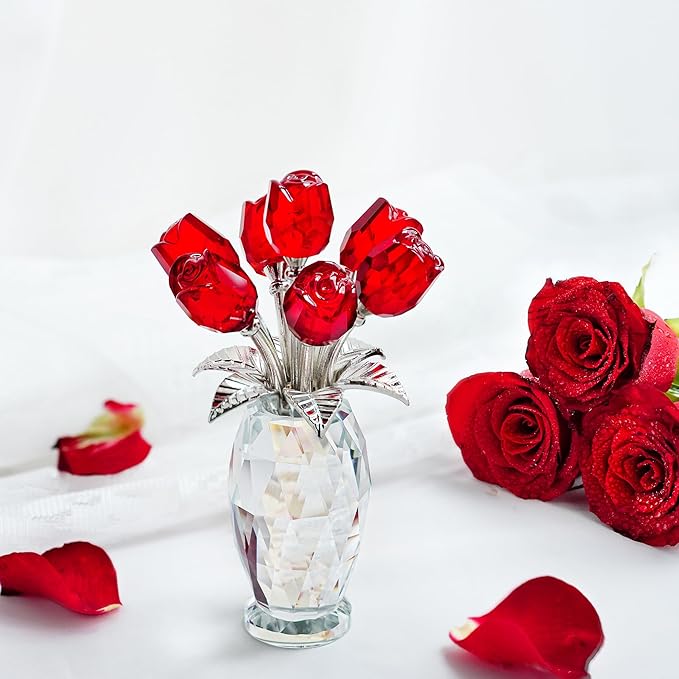H&D HYALINE & DORA Crystal Rose Flower Figurine,Glass Flower Bouquet Ornament,Glass Rose Gift for Christmas Mother's Day Valentine's Wedding Party