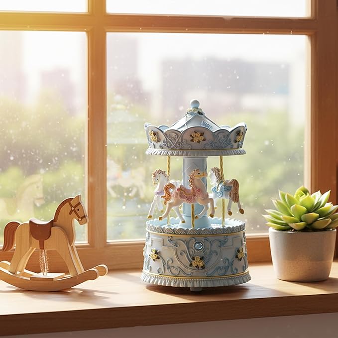 Lighted Rotating Carousel Music Box, Wind Up Musical Merry-Go-Round Figurine, Hand Painted Vintage Blue Collectible Decor, Plays Over The Rainbow, Gift for Girls, Women, Nursery, Bedroom