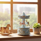 Lighted Rotating Carousel Music Box, Wind Up Musical Merry-Go-Round Figurine, Hand Painted Vintage Blue Collectible Decor, Plays Over The Rainbow, Gift for Girls, Women, Nursery, Bedroom