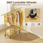 Double Rods Clothes Rack, Sturdy Rolling Clothing Rack, Portable Clothing Racks for Hanging Clothes - Metal Garment Rack Wardrobe Coat Rack for Bedroom Laundry Living Room, Gold