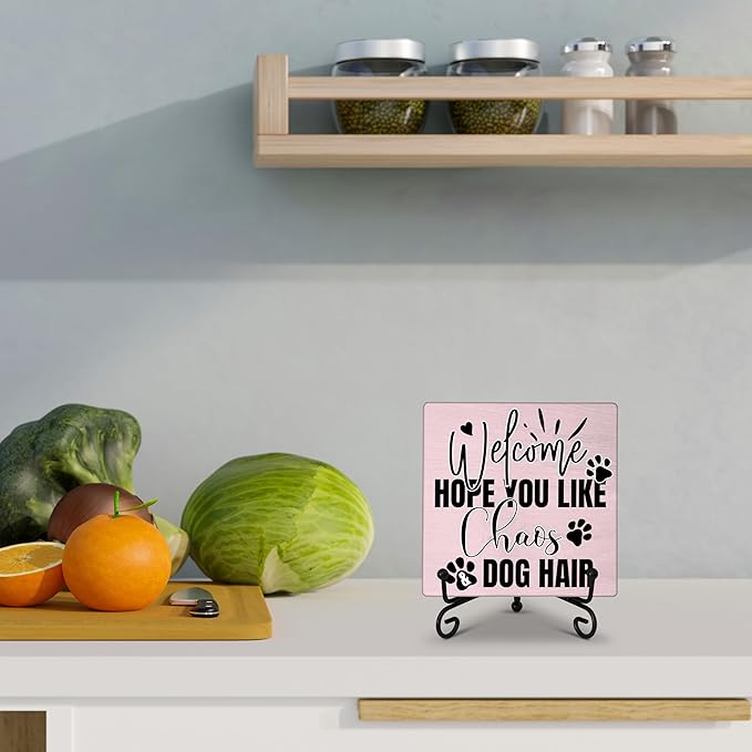 Dog Room Decor - Funny Farmhouse Decor, Home Kitchen Accessory - Wooden Plaque with Iron Stand