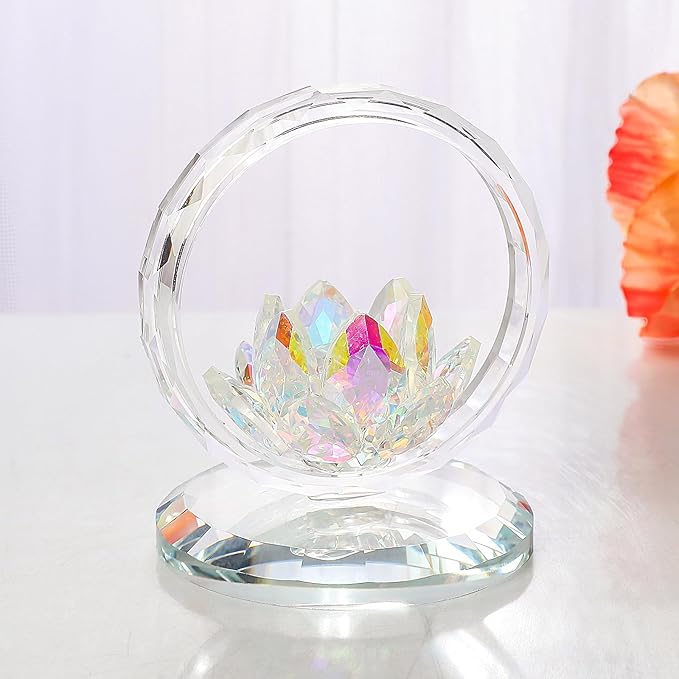 LONGWIN Crystal Lotus Flower Basket Figurine Collectible Glass Flowers Art Decor Reflection Feng Shui Decorative Ornaments for Living Room Bedroom Office AB - Coated