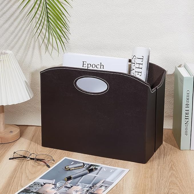 PH PandaHall PU Leather Magazine Holder Floor Foldable Magazine Holder Document File Storage Rack Book Organizer Basket for Office Document Home Living Room Table, Coconut Brown, 13.7x7.4x10.5 inch