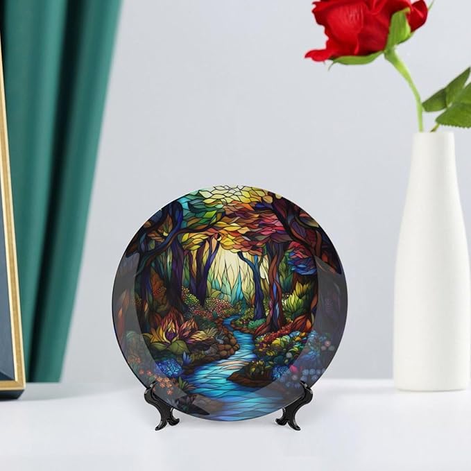 Stained Glass Theme Decorative Ceramic Plate Round Porcelain Plate,8 inch,Sunrise Forest Stream Pattern,for Decorative Ornaments Giving Plates, 1 Plate with 1 Display Stand,Multicolor