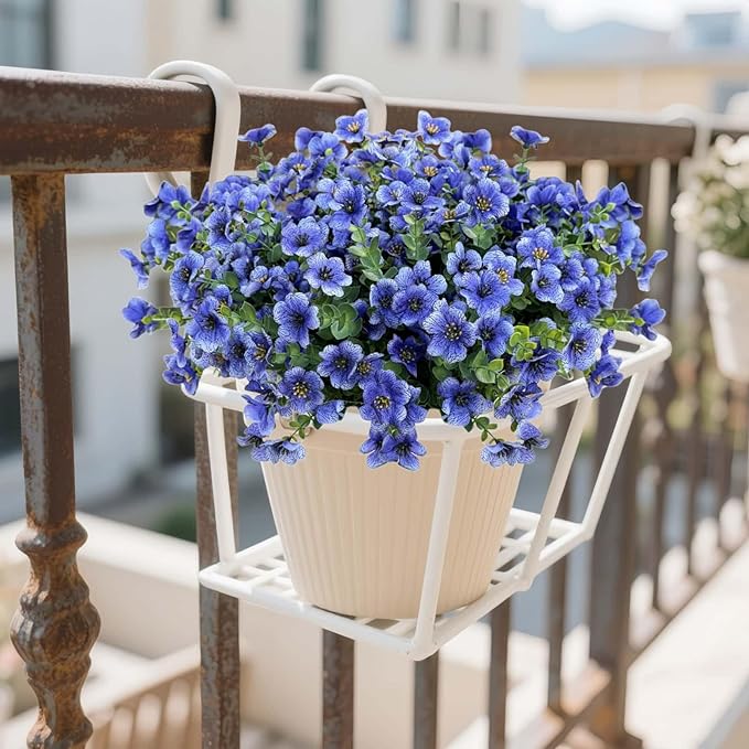 Artificial Flowers Outdoor UV Resistant Fake Plants, 12 Bundles Silk Daisy in Pots for Porch Patio Garden, Faux Potted Home Decor for Outside (Blue)