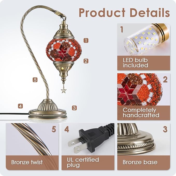 Yarra-Decor Turkish Moroccan Lamp with Bronze Base 3-Way Color Changing Handmade Swan Neck Tiffany Mosaic Glass Bedside Lamps for Bedroom (LED Bulb Included) (Red2)