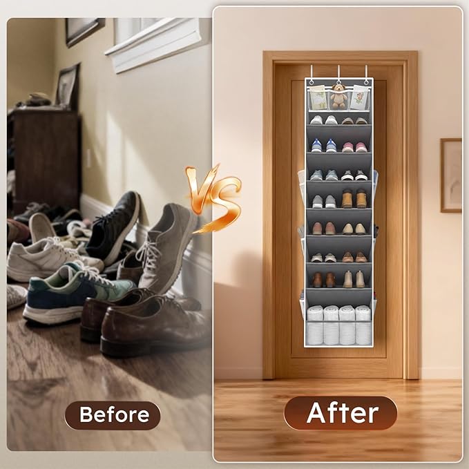 Over The Door Shoe Organizer - 8 Tier Hanging Shoe Organizer with Large Capacity Pockets, Shoe Organizer for Closet, Shoes Rack for Door, Fits 16-24 Pairs of Sneakers, Boots, Heels – Grey