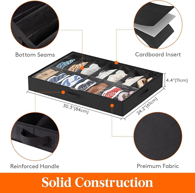 Lifewit Under Bed Shoe Storage Organizer 2 Pack(14 Pairs), 4.3" Tall Fabric Shoes Container Box, Foldable Closet Shoe Bag with 2 Reinforced Handles and Clear Cover, Black