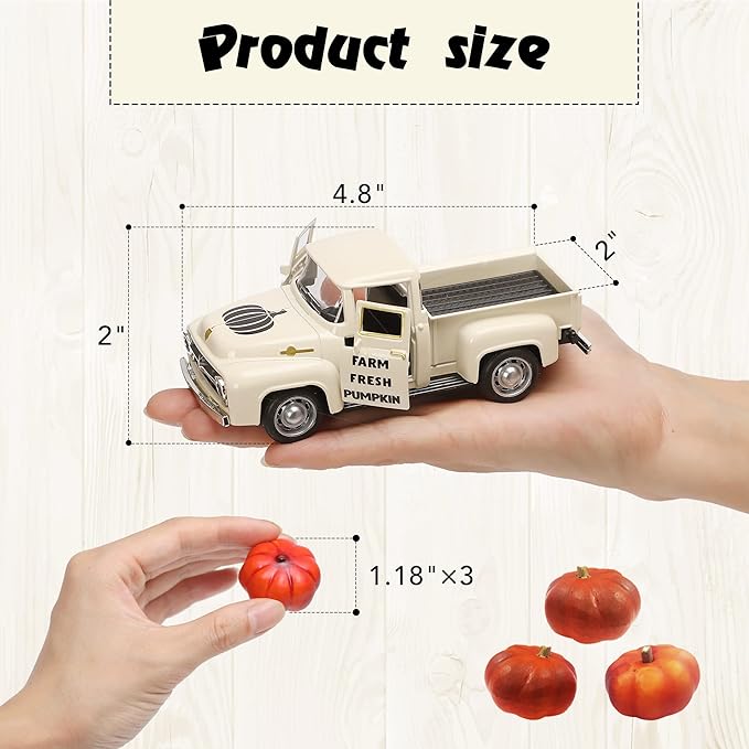 Thanksgiving Fall Pumpkin Truck Decor Mini Harvest Metal Farm Truck with 3 Pumpkins | Vintage Diecast Model for Tiered Tray Home Décor 4.8 inches