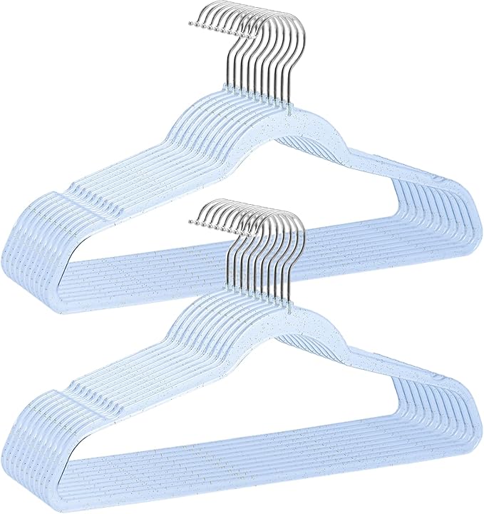 Blue Clothes Hangers 16", 20 Pack Plastic Clear Coat Hanger for Adult Closet, Durable Bling Ganchos de Ropa with Swivel Hook, Notched Shoulders & Ultra-Thin Space Saving Laundry Hanger for Dress Suits