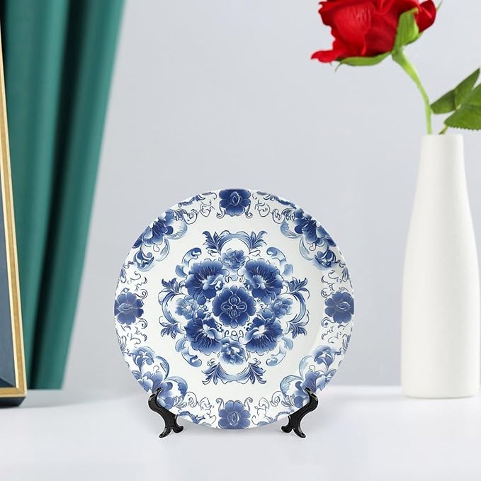 Chinese Style Ceramic Decorative Plate, Blue Decorative Dish with Stand, Blue and White Pottery Bone China Decorative Plates Art Porcelain Plate for Living Room Hallway Table Decor