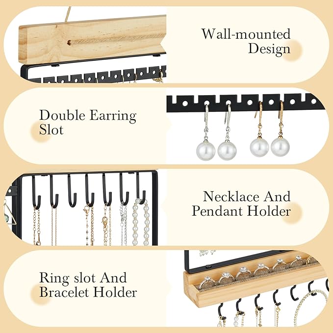 Hanging Jewelry Organizer, 5-Tier Wall Earring Holder with Wooden Ring Groove, Jewelry Rack Wall Mounted for Earrings, Necklaces, Bracelets and Rings, Jewelry Holder Stand, Black