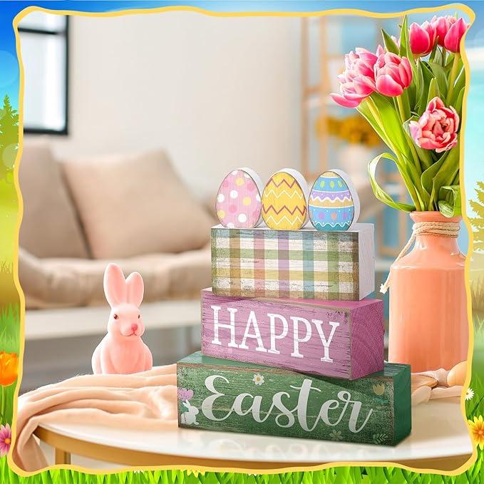 Lineshading 4 Pcs Easter Table Decoration Wooden Pastel Eggs - No Assembly Required Reusable Happy Easter Tiered Tray Decor, Perfect for Home Kitchen Party Farmhouse Centerpieces & Holy Week Gift