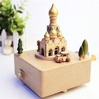 Natural Solid Wood Handcrafted Beech Wooden, Musical FigureTotoro/Carousel/Fairy/Ballerina Figurine,Rotating Hand Crank Mechanism Music Box,Musical Decorations (Church)