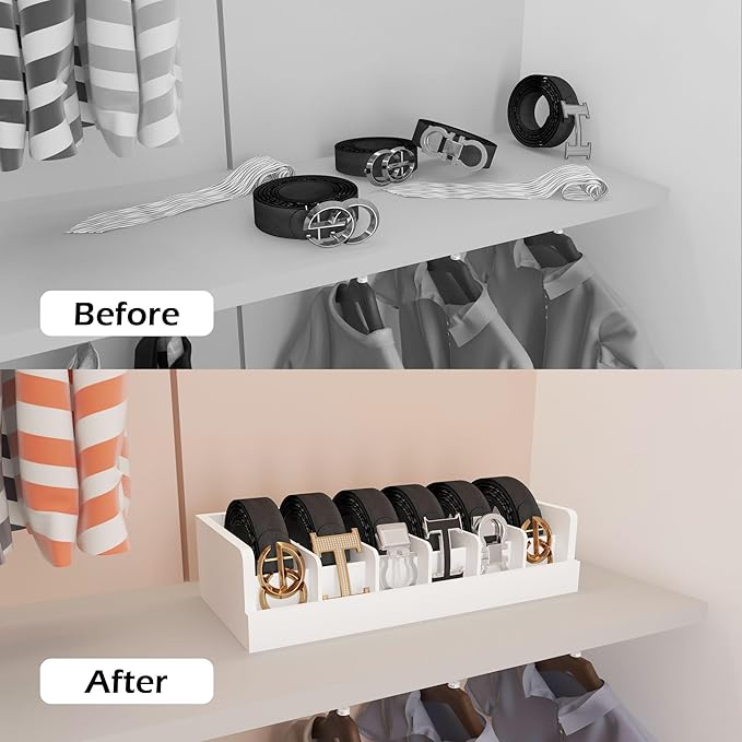 Belt Organizer for Closet - 6 Grids White Bamboo Belt Storage Organizer Racks for Men Women's Drawer, Belt Display Holder Wall Mount with 2 Pcs Tie Clip