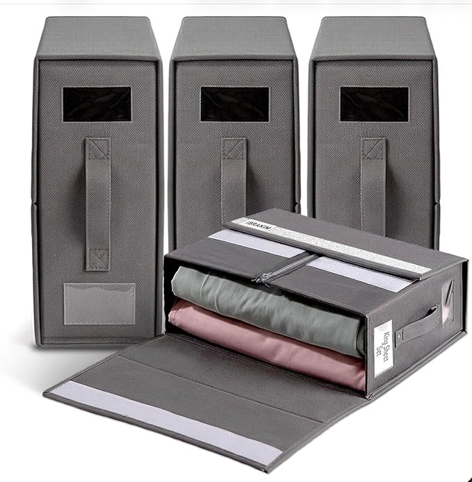 IBRAKIM Bedsheet Organizer Set of 4, Linen Storage Organizer for Closet and Under Bed, Foldable Bedding Organizer for Sheets, Blankets, Comforters, Closet Storage Bins, Grey