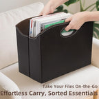 WRINGKIT Leather Magazine File Holder, Foldable Magazine Basket with Handles, Stable Brown Magazines Rack Floor, Document File Folder Organizer Box, Books Newspaper Storage Bin for Office Home School