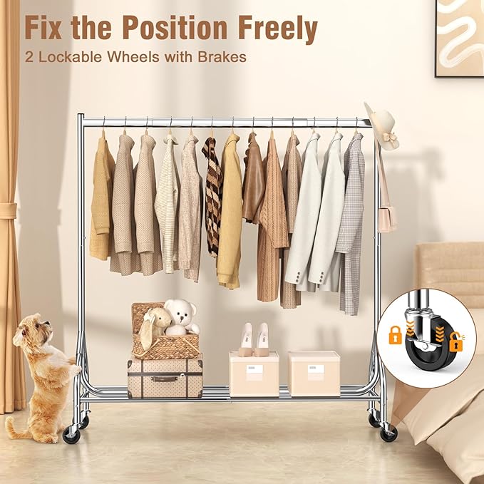 EAGMAK Heavy Duty Clothes Rack Load 420 LBS, Rolling Garment Rack with Lockable Wheels, Standing Metal Clothing Rack, Portable Wardrobe Sturdy Coat Rack for Hanging Clothes (Silver, 59″×18.9″×63″)