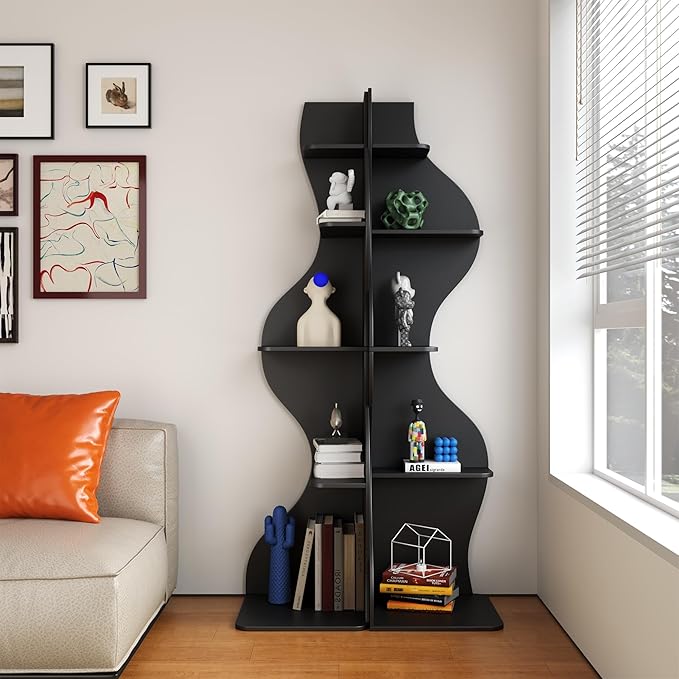YOWOS Modern Corner Shelf, 5 Tier High Corner Bookshelf for Small Spaces, Scalloped Corner Bookshelf and Storage, Wooden Display Stand for Plants, Books and Decorations (Black)