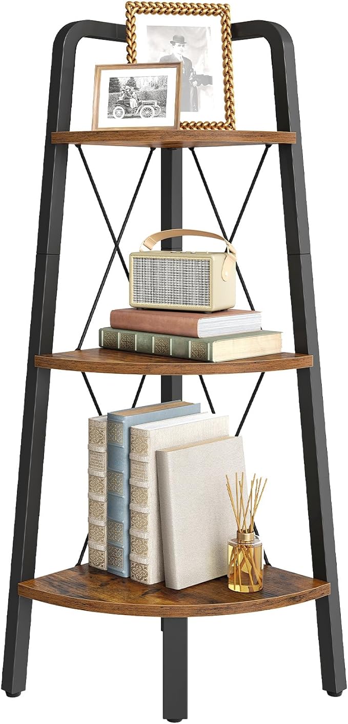 HOOBRO Corner Shelf, 3-Tier Corner Shelf Stand, 40” Tall Ladder Bookshelf, Industrial Corner Display Shelf Plant Stand for Living Room, Kitchen, Home Office, Rustic Brown BF143CJ01