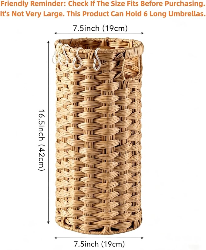 Rattan Umbrella Stand for Entryway,Hand-Woven Umbrella Holder Indoor with Doormat, Removable Drip Tray & 4 Hooks,Waterproof Umbrella Storage Basket