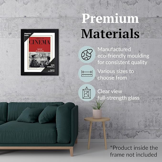 Creative Picture Frames 5.25 x 8.25 Magazine Cinema Frame with Full-Strength Glass, Holds Up To A 1/4" Thick Media Wall Display with Installed Hangers for Easy Mounting, 8x10 Black Frame with White Mat