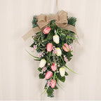 belupai 22in Pink Tulips Teardrop Swag, Decorative Floral Swag with Lily of The Valley Flower and Greenery Leaves, Spring Summer Tulips Swag for Indoor Outdoor Window Decor(Multicolor)