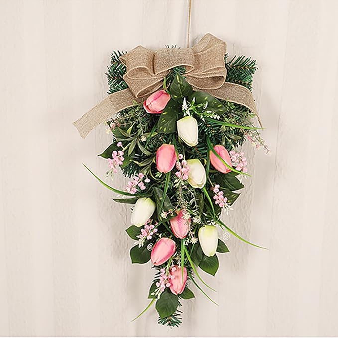 belupai 22in Pink Tulips Teardrop Swag, Decorative Floral Swag with Lily of The Valley Flower and Greenery Leaves, Spring Summer Tulips Swag for Indoor Outdoor Window Decor(Multicolor)