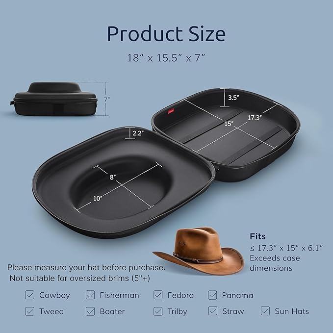Cowboy Hat Travel Case – Crushproof Carrier for Cowboy, Panama & Tweed Hats with Carrying Handle, Shoulder and Luggage Strap, For Travel and At-Home Storage (Large)