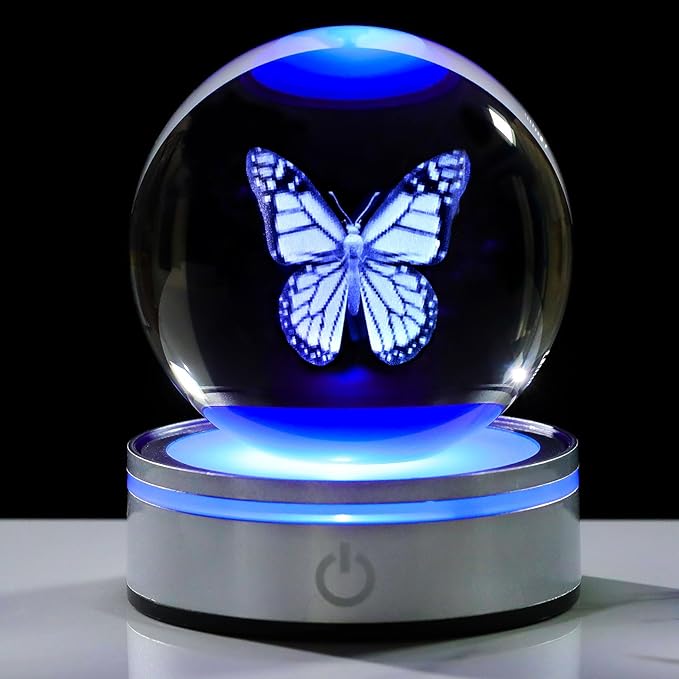 Movdyka 3D Crystal Ball Figurine Butterfly Gifts for Women Men Decorations Night Light, Laser Engraved Butterfly Ornament Glass Snow Globe Room Art Decor Crafts
