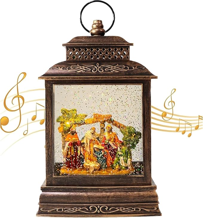 Christmas Snow Globe Lantern Water Nativity Scene & Manger Scene with Music & Timer, USB Lined/Battery Operated Lighted Lantern for Christmas Festival Decoration Gifts