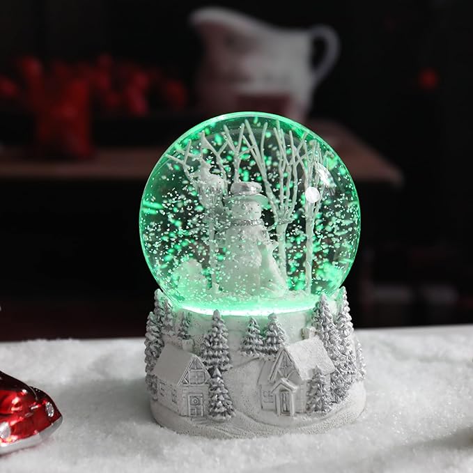 Christmas Snow Globe Musical Snowman Country Village Silver Xmas Tree White Water Snow Globes LED Light Change Music Box Home Christmas Decor for Kids Snowman Snow Globes