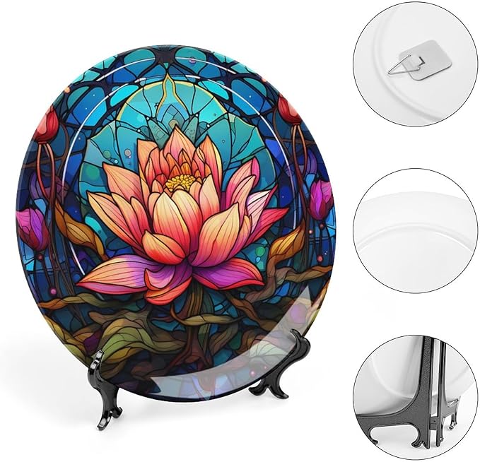 Decorative Plates, Stained Glass Design Gothic Mandala Lotus Ceramic Dinner Plate Home Wobble-Plate with Display Stand, Wall Hanging Decor for Kitchen Household 8 Inch, Gifts for Lotus Lover