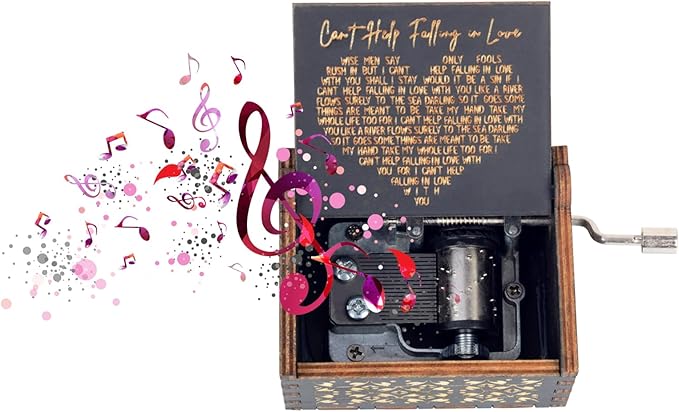 Music Box Romantic Valentines Day Gift for Her Him, Antique Laser Engraved I Can't Help to Falling in Love with You Hand Cranked Musical Box for Women Wedding,Anniversary,Birthday