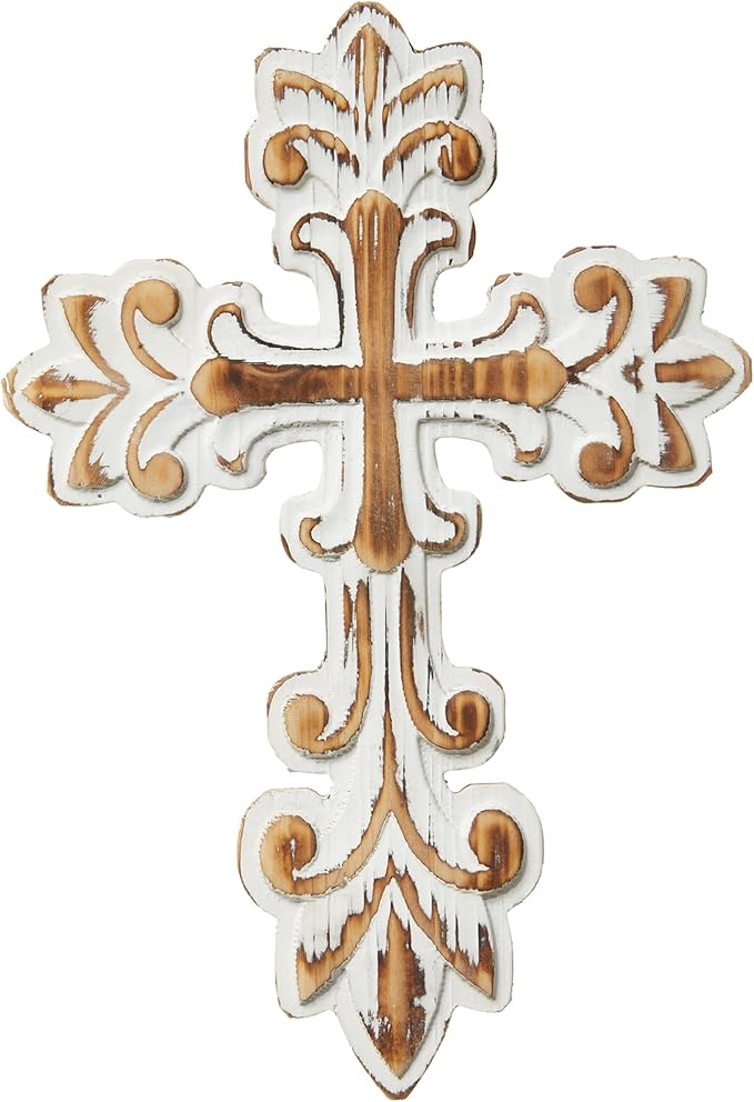 SOFE Decorative Wall Crosses for Home Decor, White Wash Wood Cross for Wall Decor, Rustic Cross to Hang on Wall, Wall Art Hand Carving Unique Pattern, Easter Religious Gifts