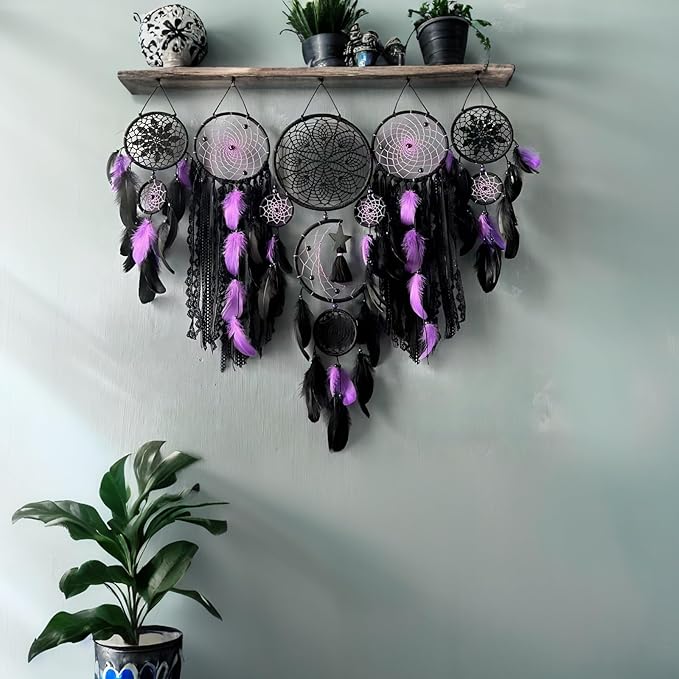 Dream Catcher Wall Decor,Large Boho Dream Catcher with Luxurious Feathers & Beads, Handmade Wall Hanging for Bedroom,Living Room, Gift Ready for Girls & Adults (Black-Purple)