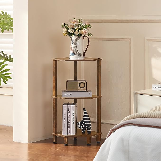 YUFAM 3-Tier Corner Shelf with Sturdy 5-Leg Base, Wooden Corner Bookshelf for Small Spaces, Small Corner Table for Living Room, Bedroom, Office, Brown