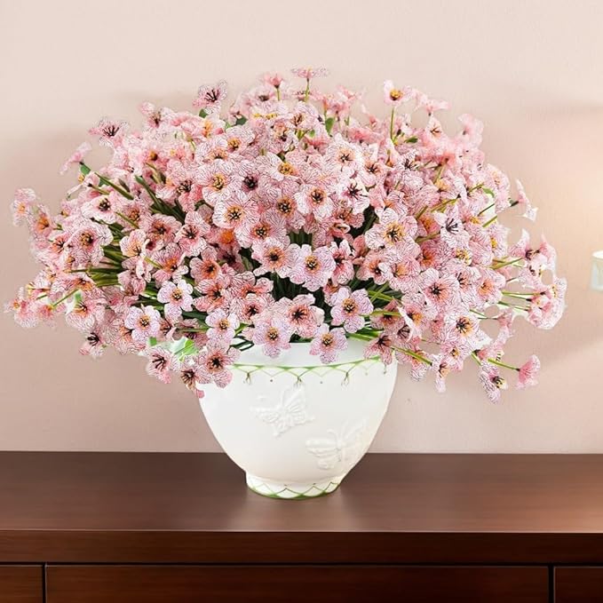 12Pcs UV Resistant Artificial Flowers Artificial Violet Outdoor Decor Realistic Faux Plants Silk Flowers No Fade for Patio Hanging Baskets Garden Pots Farmhouse Yard (Pink)