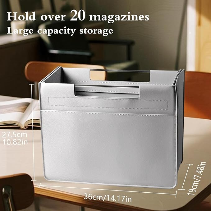 Leather Magazine Holder Foldable with Handles，Stable Magazine Rack Floor，Magazine Basket File Holder Storage，Document File Folder Organizer Free Standing for Office Living Room (grey)