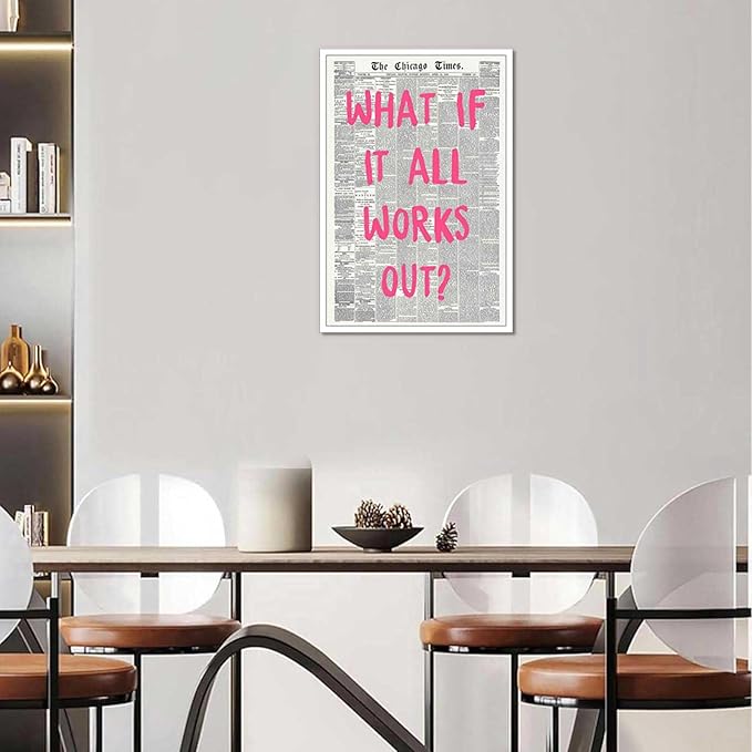 Drimiler What If It All Works Out Poster Retro Newspaper Pink Font Canvas Wall Art Positive Affirming Quote Minimalist Prints Painting For Home Bedroom Dorm Wall Decor 12x16in Unframed