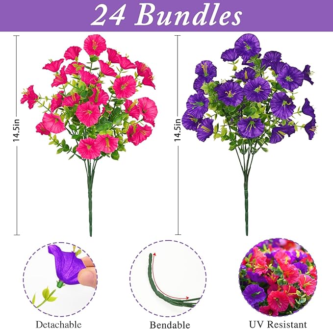 Waipfaru Artificial Flowers for Outdoors, 24 Bundles Faux Plants Outdoor, UV Resistant Artificial Plants Outdoor, Silk Petunias Fake Flowers for Outside Home Decor Planter Porch Decoration, Mix Color